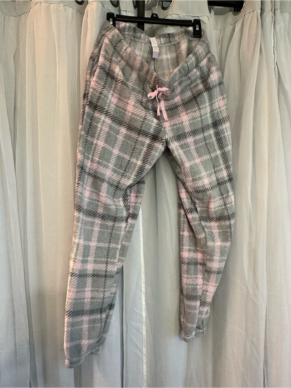 Women’s Plaid Fleece Lounge Pants - Pink & Gray - Picture 1 of 6
